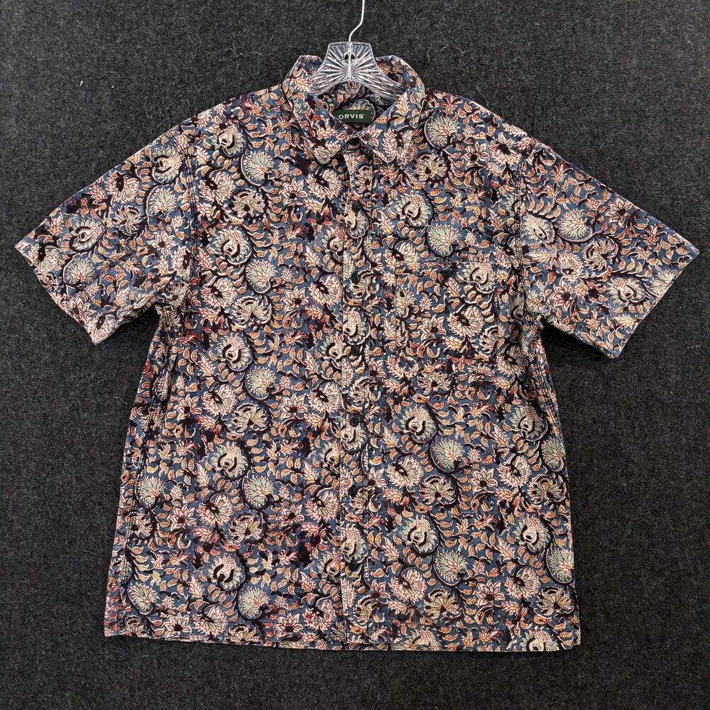 Orvis Shirt Mens Large Blue Floral Pocket Button Up Hawaiian Tropical Beach